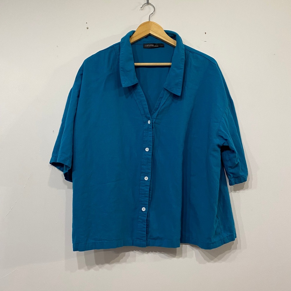 Zanzea Collection Teal Blue Short Sleeve Button Down Shirt Plus Size 5XL